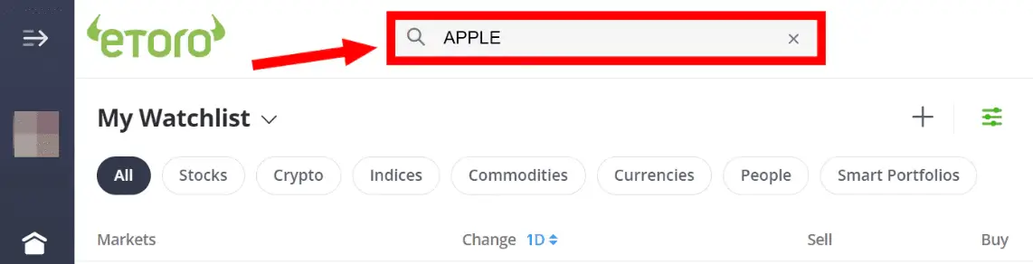searching Apple stock on etoro