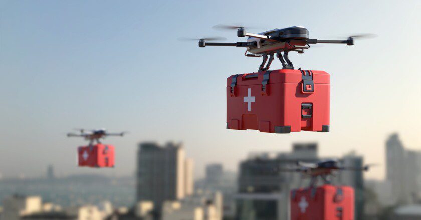A medical supplies delivery drone flying over a city