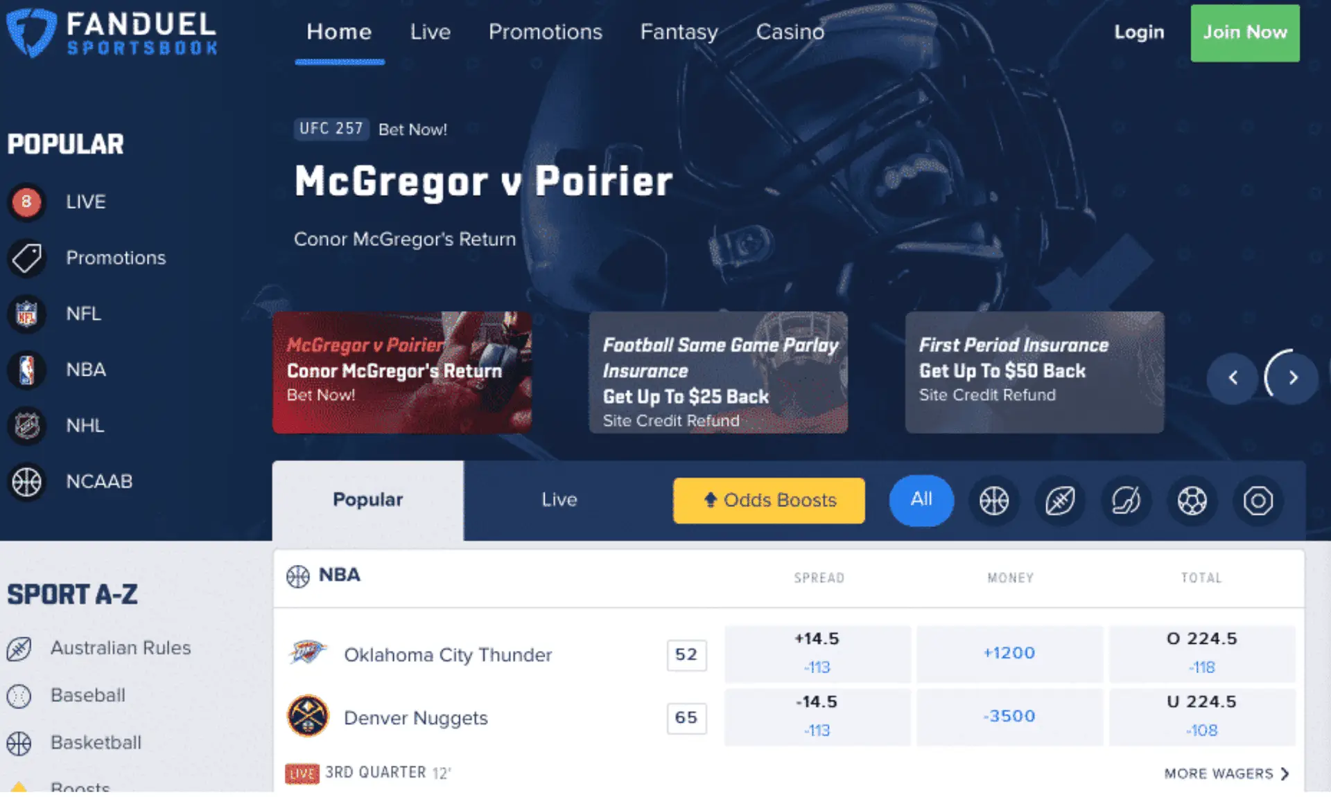 FanDuel website with services provided