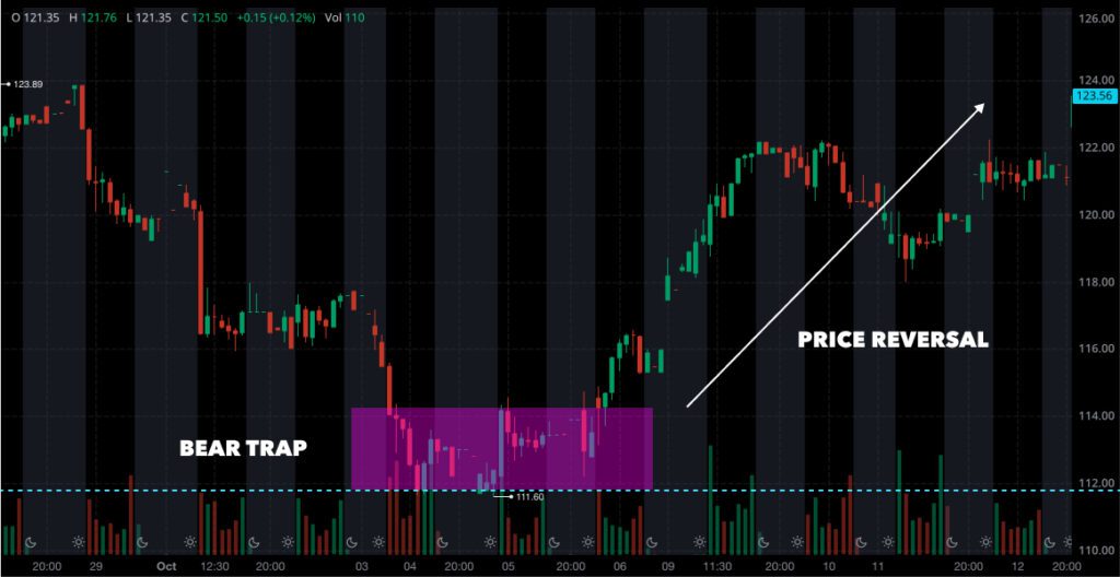 An chart of a bear trap, representing a bear trap price reversal in the stock market.
