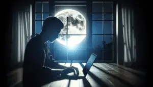 Illustration of a person working at night with a laptop and a moon in the background