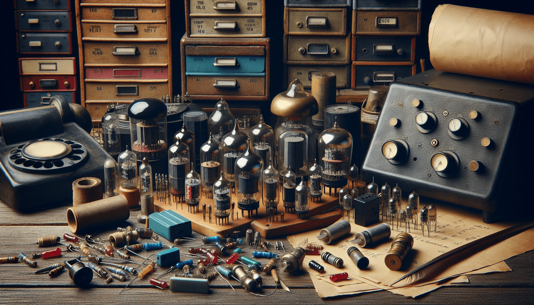 A historic image of early radio equipment and electronic components