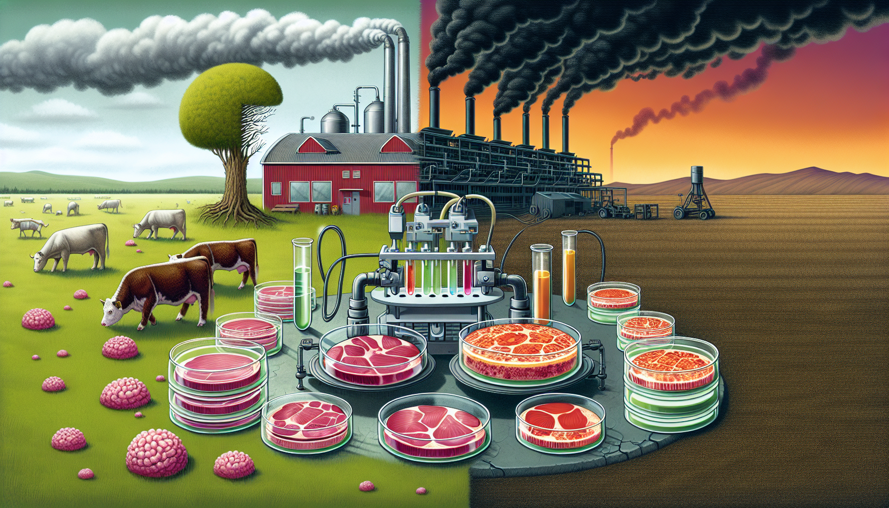 Illustration depicting the environmental impact of cultivated meat production