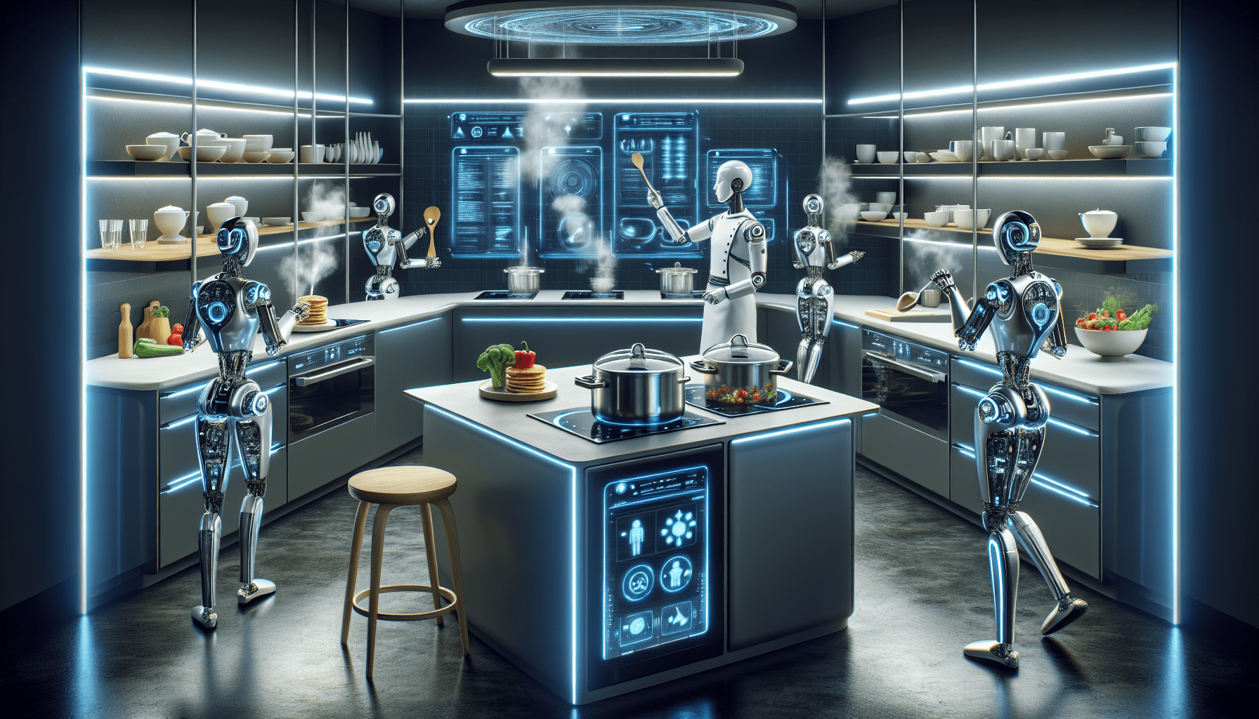 Illustration of a futuristic robotic kitchen with advanced AI technology