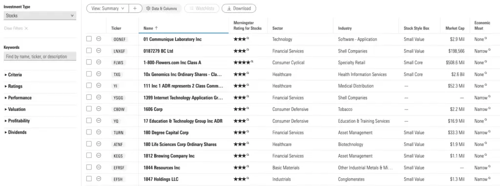 Morningstar Stock Screener