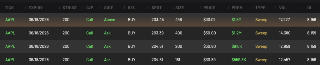 AAPL 200C LEAPS expiring 6/18/2026