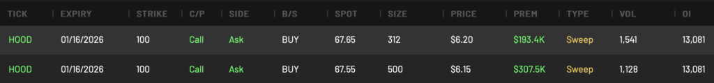 Bullish Call Options on Robinhood expiring January 16 2026