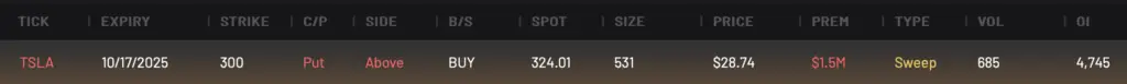 TSLA 300P expiring 10/17/2025