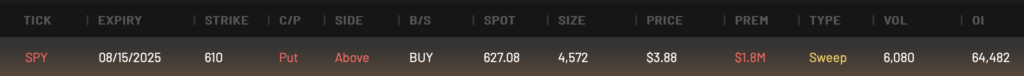 SPY 610P expiring 8/15/2025