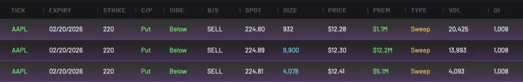 Bullish AAPL 220P expiring 2/20/2026