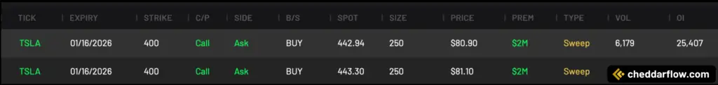 TSLA 400C expiring 1/16/2026