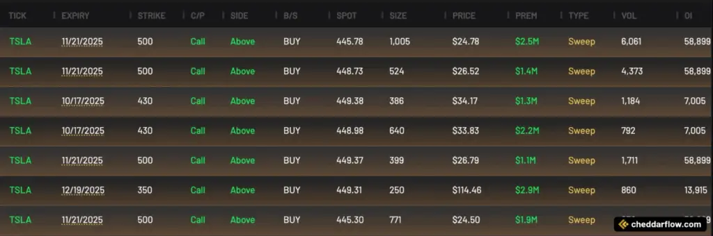 TSLA Call Options with various strikes expiring in October, November and December