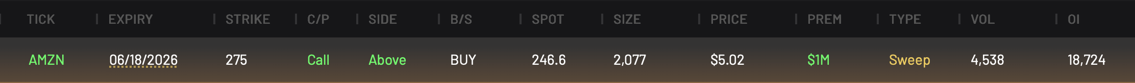 AMZN 275C expiring 6/18/2026