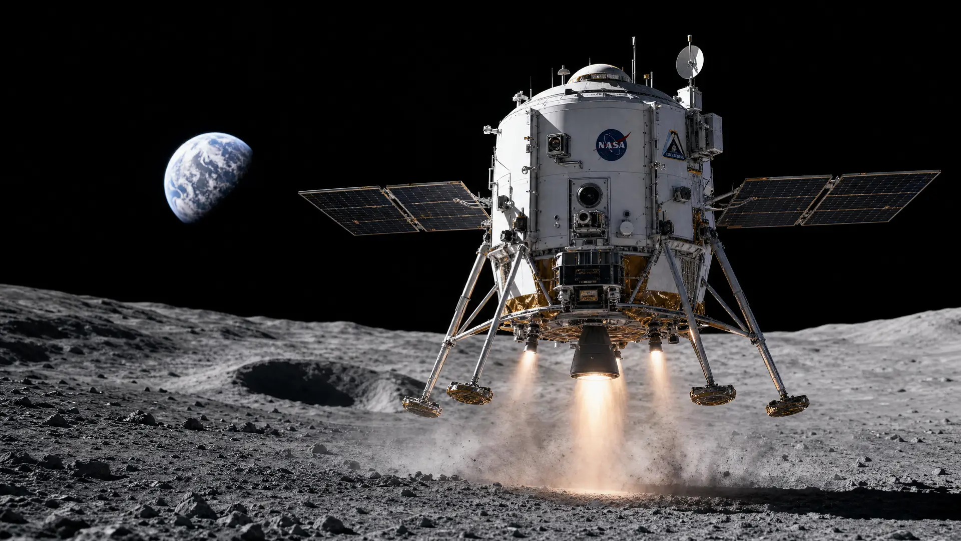 Intuitive Machines lunar lander descending to the Moon surface with Earth in background