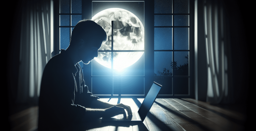 Illustration of a person working at night with a laptop and a moon in the background