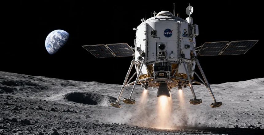 Intuitive Machines lunar lander descending to the Moon surface with Earth in background